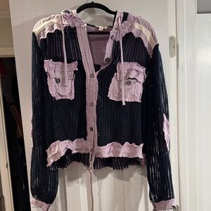POL Navy and Lavender Hooded Cardigan open knit NWOT